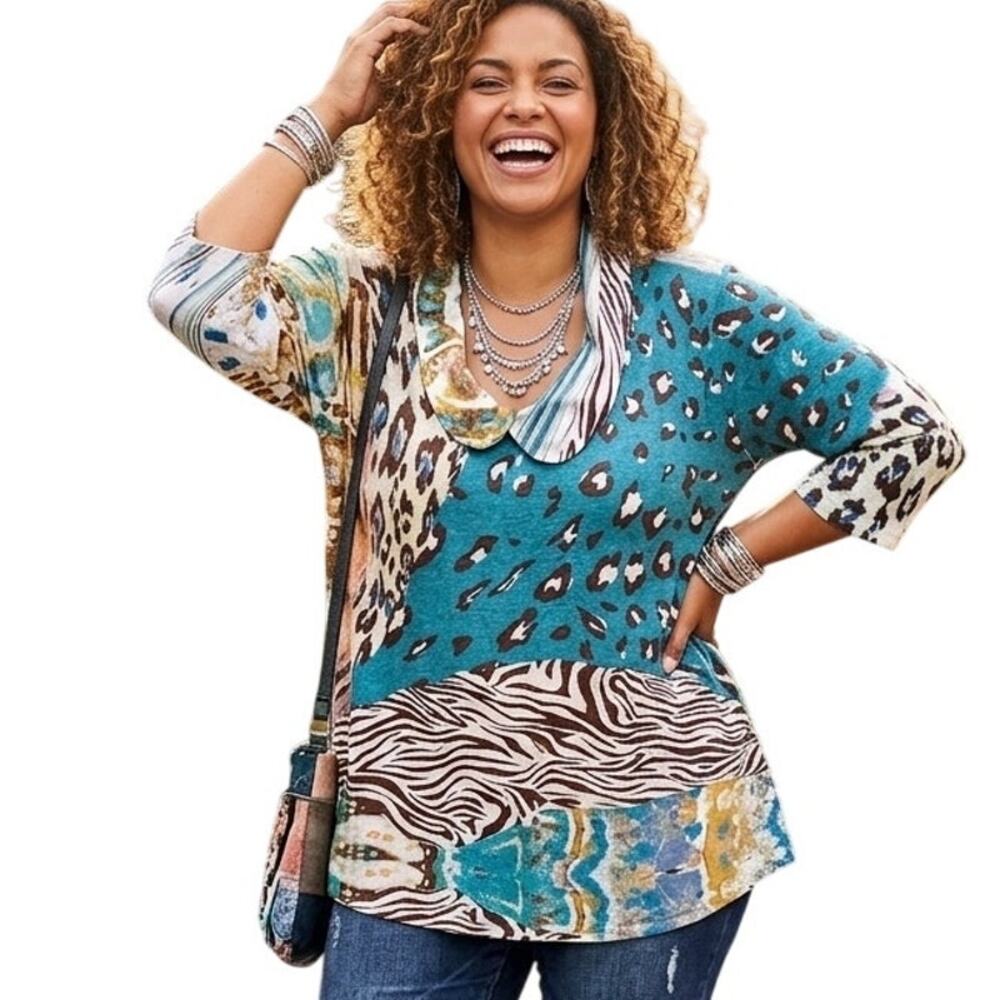Atelier5 Mixed Print Top Womens Size 1X Lagenlook Peter Pan Collar Funky Artsy